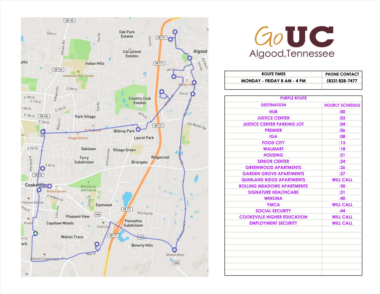 Algood Go Route Map 1 UCHRA Public Transportation