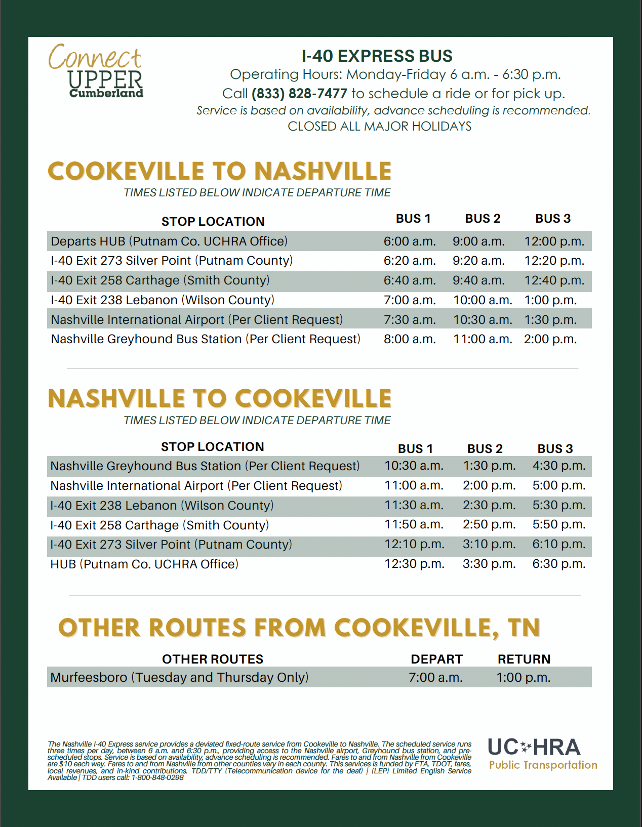An image of the current I-40 Connect bus schedule. 